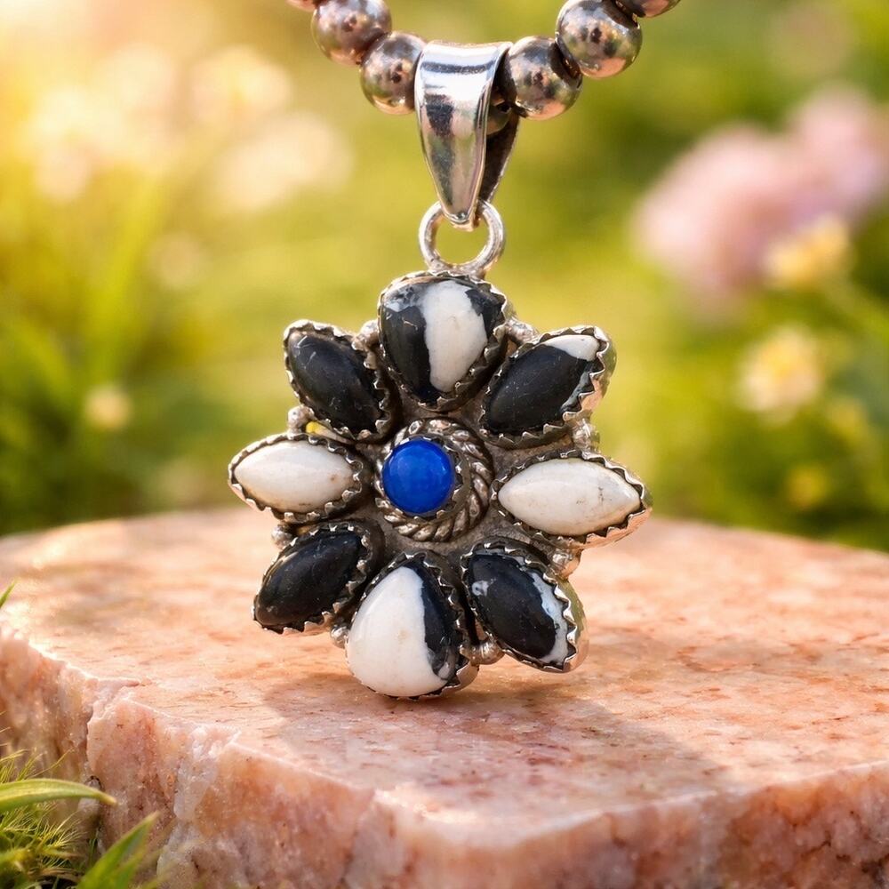 White Buffalo & Lapis Lazuli Cluster Flower Pendant Artisan  Handmade 1.5”